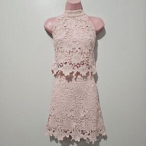 Shein - 2 Piece Set Crop Top Turtleneck and Skirt Lace - Size XL - Pink